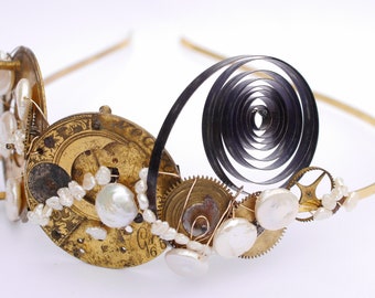 exploded watch tiara steampunk gold brass and pearls bridal headpiece wedding side headband OOAK