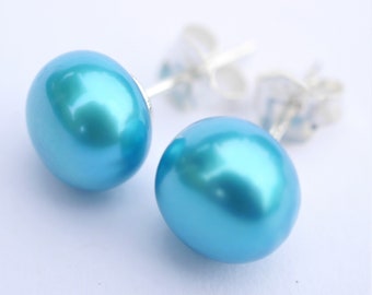 turquoise blue 8mm freshwater pearl sterling silver stud earrings post earrings