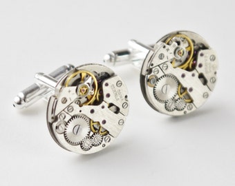 round watch cufflinks - steampunk style vintage watch mechanisms on silver bases