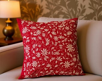 Hand-Embroidered Red Cotton Cushion Cover • 16x16 Boho Accent Pillow