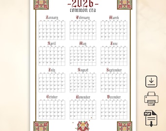 2026 Medieval Wall Calendar | Printable Year Planner (Digital Download)