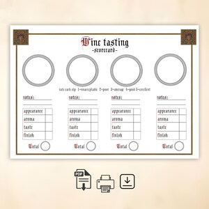 Peut inclure: Une fiche de dégustation de vin avec une bordure décorative. La fiche comprend des sections pour l'apparence, l'arôme, le goût et la finale, avec un espace pour les notes et un score total. Le texte "Wine tasting -scorecard-" est en haut.