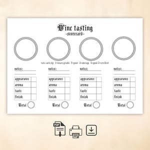 Puede incluir: Una tarjeta de cata de vinos blanca con cuatro grandes círculos para calificar. La tarjeta incluye secciones para apariencia, aroma, sabor y final, con espacio para notas y una puntuación total. El título dice "Wine tasting -scorecard-".