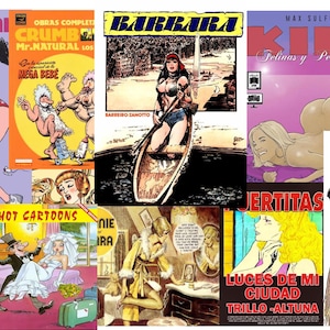 Puede incluir: Una colección de portadas de cómics vintage con ilustraciones de mujeres y diversas escenas. Las portadas muestran títulos y nombres de artistas en varios idiomas, con colores llamativos y obras de arte estilizadas. Los cómics parecen ser del género adulto.