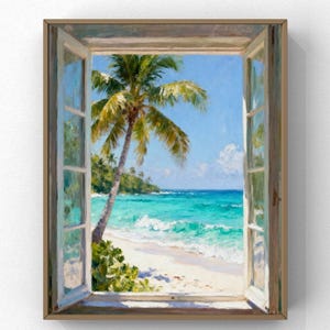 Puede incluir: Impresión digital enmarcada de una escena de playa tropical vista a través de una ventana abierta. La obra de arte representa una palmera, agua turquesa, arena blanca y un cielo azul brillante. El marco es de color marrón claro.
