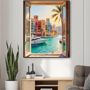 Open Window Coastal View Yacht Painting, Nautical Seaside City Wall Art Decor, Digital Print, Instant Download