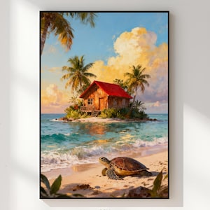 Puede incluir: Impresión digital enmarcada que representa una escena de isla tropical. Una pequeña casa de madera con techo rojo se encuentra en una exuberante isla rodeada de agua turquesa. Una tortuga marina descansa en la playa de arena en primer plano. Palmeras y un cielo vibrante completan la idílica escena.