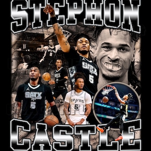 Pode incluir: Camiseta preta com o nome "STEPHON CASTLE" em negrito e contornado. O design incorpora múltiplas imagens de um jogador de basquete em ação, usando uma camisa com o número 5. O fundo tem um efeito texturizado.
