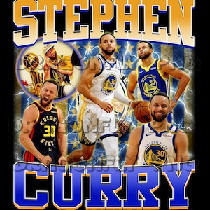 Puede incluir: Diseño gráfico con Stephen Curry en varias poses, vistiendo camisetas de los Golden State Warriors. El diseño incluye el texto "STEPHEN CURRY" en negrita, con letras estilizadas, con un fondo negro y acentos de rayos.