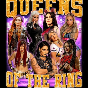 May include: A graphic print featuring seven professional wrestlers arranged in a collage. The text QUEENS OF THE RING is displayed in large, gold, glittery block letters at the top and bottom against a purple lightning background.