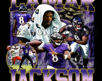 May include: A graphic design featuring Lamar Jackson in a purple and black football uniform. The design includes the name "LAMAR JACKSON" in large, stylized letters, with images of Jackson in action. The background is a dark, textured design.