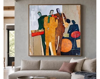 Abstract olieverfschilderij jazzmuzikanten, canvaskunst impasto met textuur