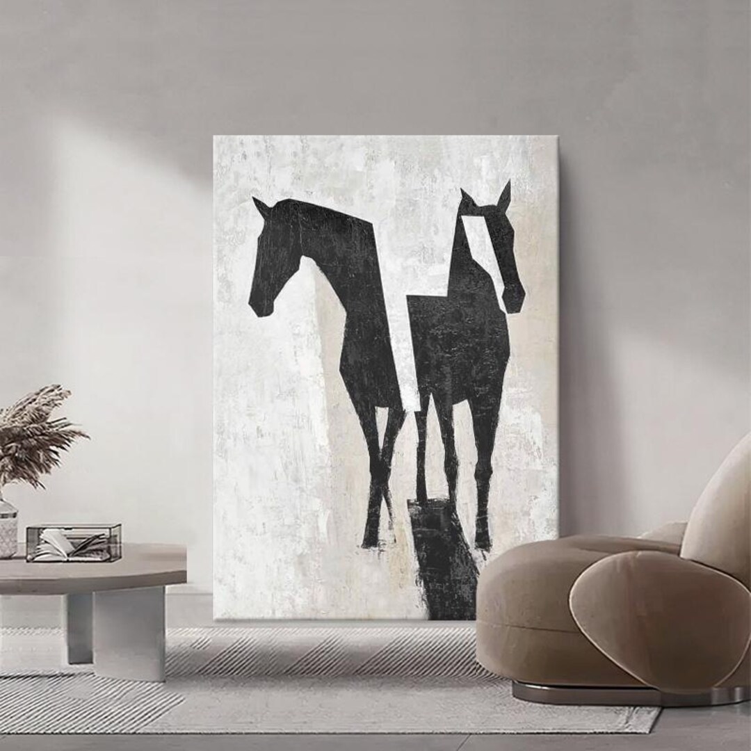 Abstract Black Horse Oil Painting, Geometric Animal Canvas Wall Decor ...