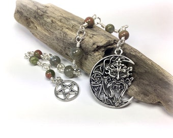 Knot Magic Witches Ladder Mala Unakite and Labradorite Greenman Pentagram Pagan Wiccan  - Gemstone Combination for Decision Making