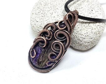 SALE 50% OFF Phoebe:  Charoite and Amethyst Necklace Gemstone Pendant Crystal Healing Wire Wrapped Jewelry Crystal Stone of Insight