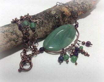 SALE 50% OFF Green Aventurine and Amethyst Gemstone Statement Necklace Hippie Boho - Gemstone Combination for Emotional Support and Healing