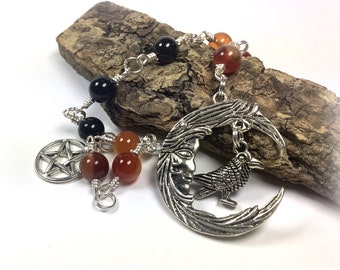 Knot Magic Witches Ladder Mala Morrigan Raven Crow Carnelian Obsidian Pentagram Pagan Wiccan Prayer Beads Spells for Courage and Strength