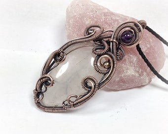 Amara - Unique Freeform Wire Wrapped Rose Quartz Pendant with Amethyst Necklace Crystal Healing Gift of Love - Crystal Combination for Love