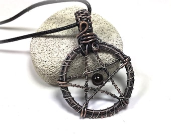 Large Rustic Pentagram Sterling Silver Copper Wire Weaved with Garnet Wiccan Pagan Pentacle Protection Amulet. 61mm Stone of Tangible Truth