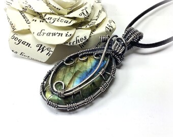 SALE 50% OFF Devana:  Sterling Silver Flashing Labradorite Pendant Necklace Crystal Healing Wire Wrapped - Stone of Magic Spiritual Ability