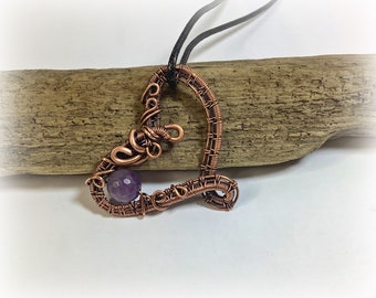 SALE 50% OFF Faceted Amethyst Copper Wire Weave Purple Heart Pendant - Gemstone Jewelry Crystal Healing - Stone of Peace