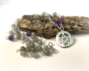 Theban Script Sterling Silver BLESSED BE Double Sided Pentagram Labradorite  Amethyst Pagan Rosary Wiccan - Crystal Combination for Balance