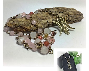 Rose Quartz and Tourmaline Pagan Rosary Pentagram Goddess Prayer Beads Wiccan Jewellery - Gemstone Combination for Love and Happiness