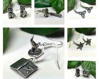 Pewter Wiccan Pagan Earrings Witches Cat Pentagram Book of Shadows Besom Broomstick Triple Moon Triquetra Witches Hat Bast