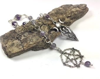 Knot Magic Witches Ladder Mala Amethyst Triple Moon Goddess Pentagram Pagan Wiccan Prayer Beads Spells  Emotional and Spiritual Protection