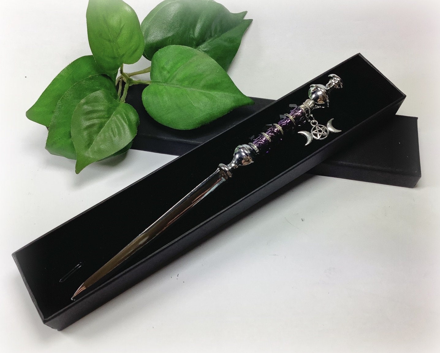 Pagan Athame With Deep Amethyst Colour Faceted Crystal and Pentagram Triple Moon Goddess  Altar Tools Wiccan Witch Wicca Spells