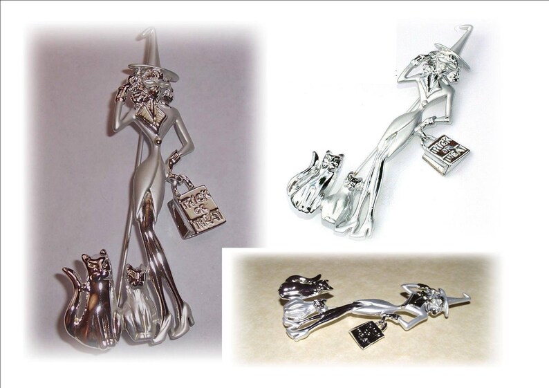 Halloween Vintage Witch With Cats Trick or Treat Silver Brooch AJC PIN ...
