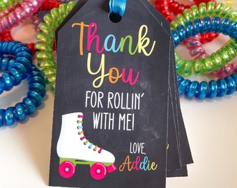 Étiquettes imprimées néon de faveur de patin à roulettes - décorations de fête d'anniversaire personnalisées - étiquettes de remerciement
