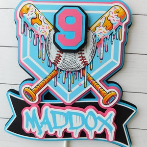 Baseball Drip Ice Cream Cake Topper - Personalized Drippy Party Decor - Pink and Blue