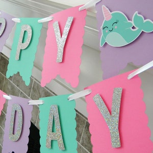 Narwhal Birthday Banner: Glitter Letters, Pastel Party Decor