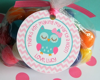 Owl Favor Tags, Owl Thank You Tags, Owl 1st Birthday in Pink and Teal