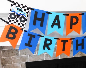 Monster Truck Banner, Monster Truck Party, Monster Truck Decor in Blue and Orange