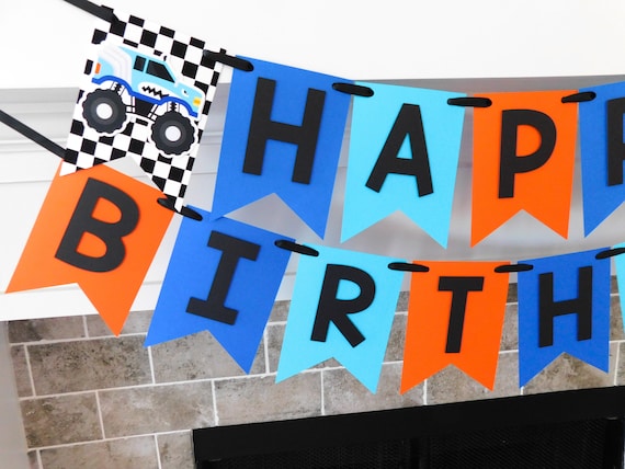 Monster Truck Banner, Monster Truck Party, Monster Truck Decor in Blue and Orange