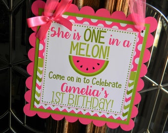 Watermelon Party Welcome Sign, Melon Party Decor, Watermelon Door Sign, One in a Melon Birthday Sign