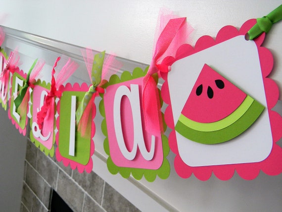 Watermelon Banner, Happy Birthday Banner, Watermelon Party Decorations in Pink and Green