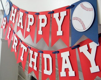 Custom Baseball Birthday Banner: Red & Navy Pennants