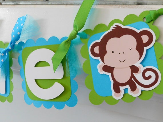 Monkey High Chair Banner, Party Decorations, Birthday Banner in Blue and Green