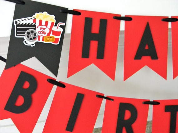 Movie Night Party Banner: Custom Birthday Decor, Red & Black Cardstock