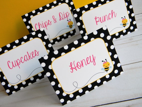 Bee Food Labels, Bumble Bee Food Tents, Bee Party Decor