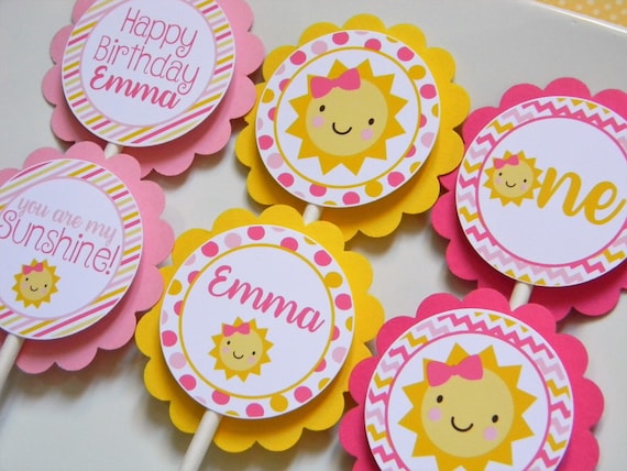 Sunshine Cupcake Toppers, Sunshine Cupcakes, Pink Sunshine Party Decor