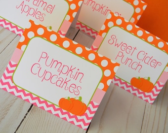 Pumpkin Food Labels, Fall Food Tents, Pink Pumpkin Party Decor