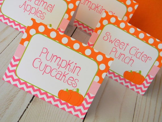 Pumpkin Food Labels, Fall Food Tents, Pink Pumpkin Party Decor