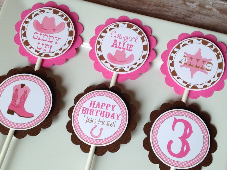 Cowgirl Birthday Party Personalized Cupcake Toppers Pink And Etsy