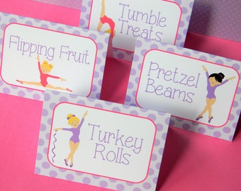 Gymnastics Party Food Labels, Tumbling Food Tents, Gymnast Table Decor