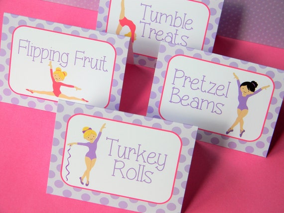 Gymnastics Party Food Labels, Tumbling Food Tents, Gymnast Table Decor