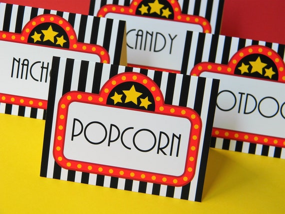 Movie Night Party Custom Food Labels, Movie Food Tents, Concession Labels